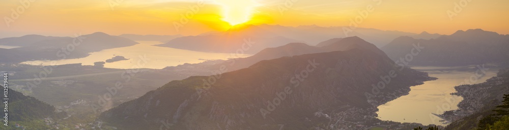 sunset over the Boka Kotor in Montenegro, the view from the mounain,panorama