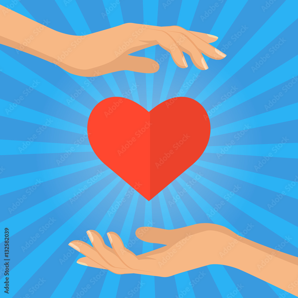 Hand and heart - love giving concept vector flat illustration. Hand and heart - love giving concept vector flat illustration.