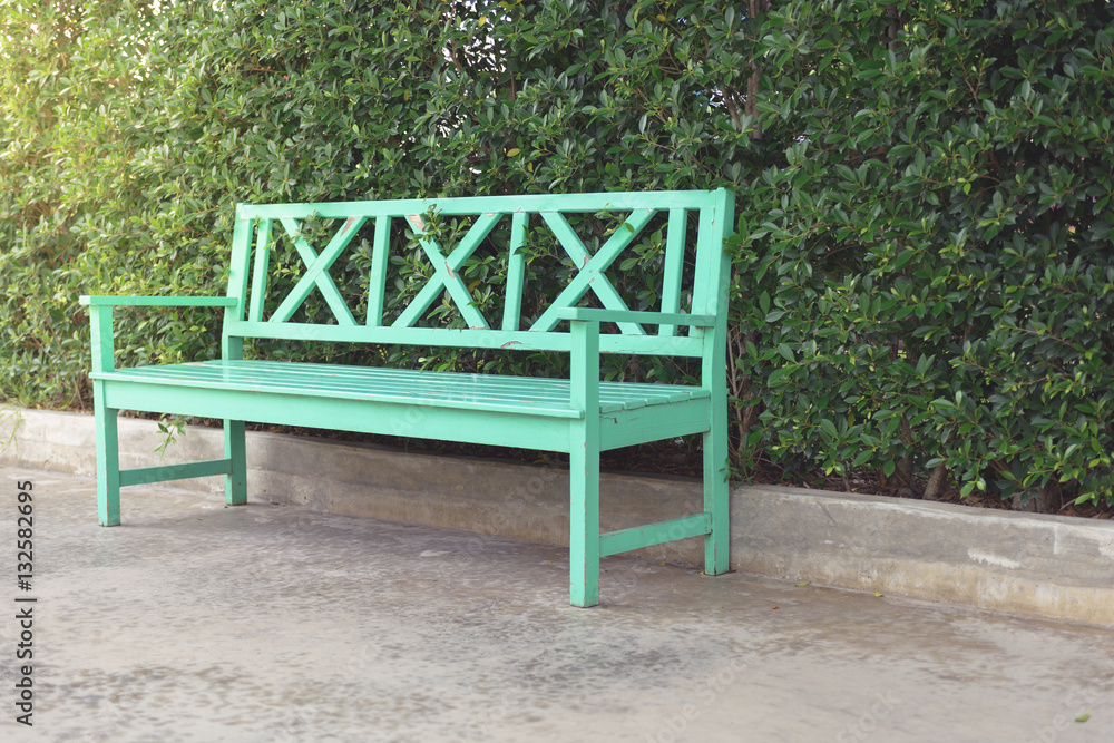 Green wooden bench and green leaves wall