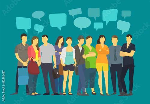 Community many ordinary people crowd talking. Communication with speech bubbles.