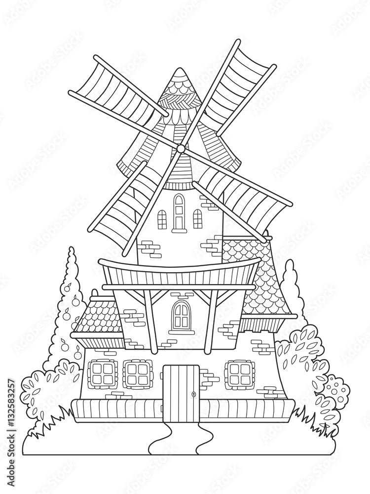 Naklejka premium Windmill vector drawing coloring book for adults