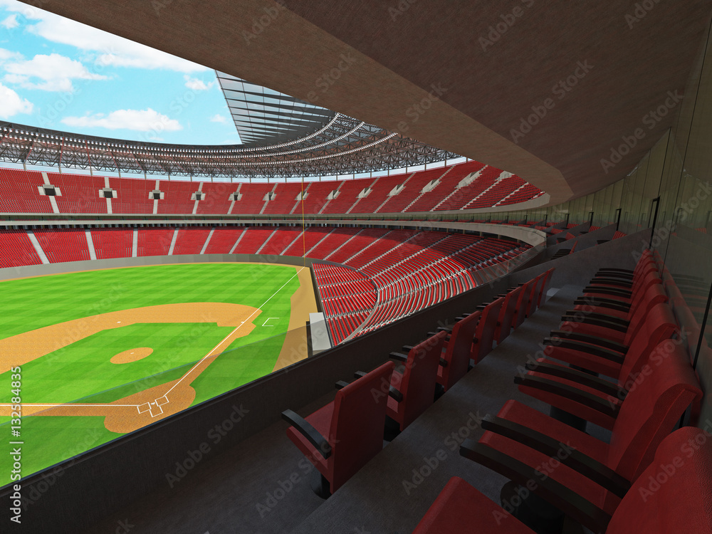 3D render of baseball stadium with red seats and VIP boxes