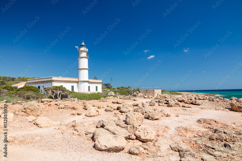 Lighthouse at Cap de Ses Salines. Mallorca island, Spain.This lighthouse is located at the southernmost point of Mallorca.