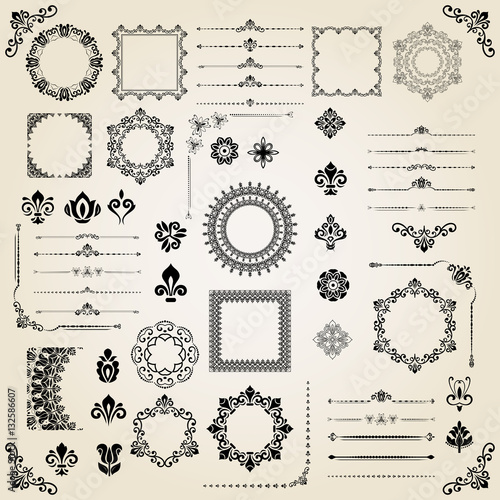 Vintage set of classic elements. Different vector elements for decoration and design frames, cards, menus, backgrounds and monograms. Classic patterns. Set of vintage patterns