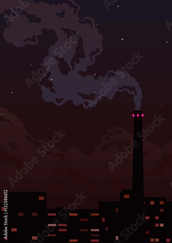 Factory pipe with smoke and lights under the night sky and stars