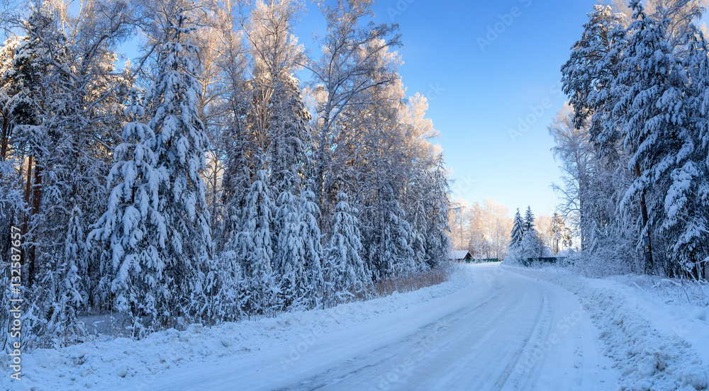 Obraz premium панорама заснеженного леса, с дорогой ведущей к домику, Россия, Урал
