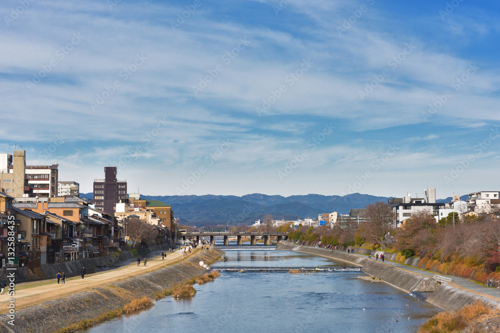 Kamo river from Shijo bridge kyoto Japan