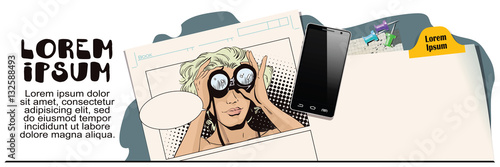 Girl looks through binoculars. Her hair fluttering in the wind.