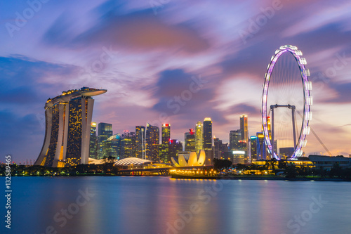 Landscape of the Singapore landmark financial district at twilig