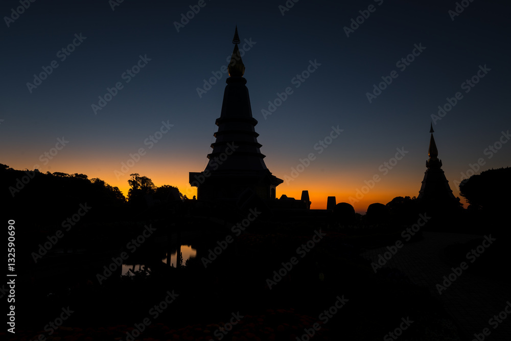 Beautiful Temple silhouette in Thailand, Pagoda on Inthanon national park at Chiang mai, Thailand.