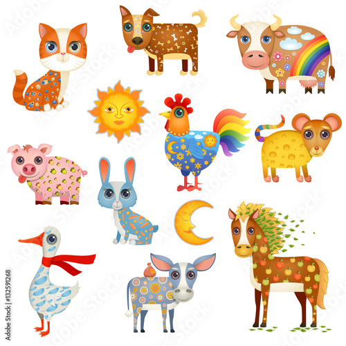 Vector Illustration of Cute Painted Farm Animals. Set Including Cat, Dog, Cow, Rooster, Mouse, Pig, Rabbit, Horse, Goose and Donkey. Plus Bonus - Moon and Sun.