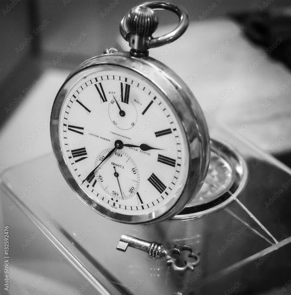 Pocket watch, black and white, colour , key, clock, vintage Pocket watch, black and white, colour , key, clock, vintage