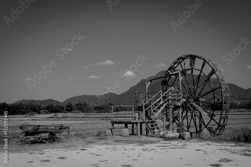 Wood turbine beside rice field, black and white photo
