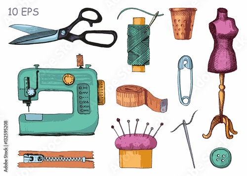Set of sewing equipment. Hand drawn vector illustration.