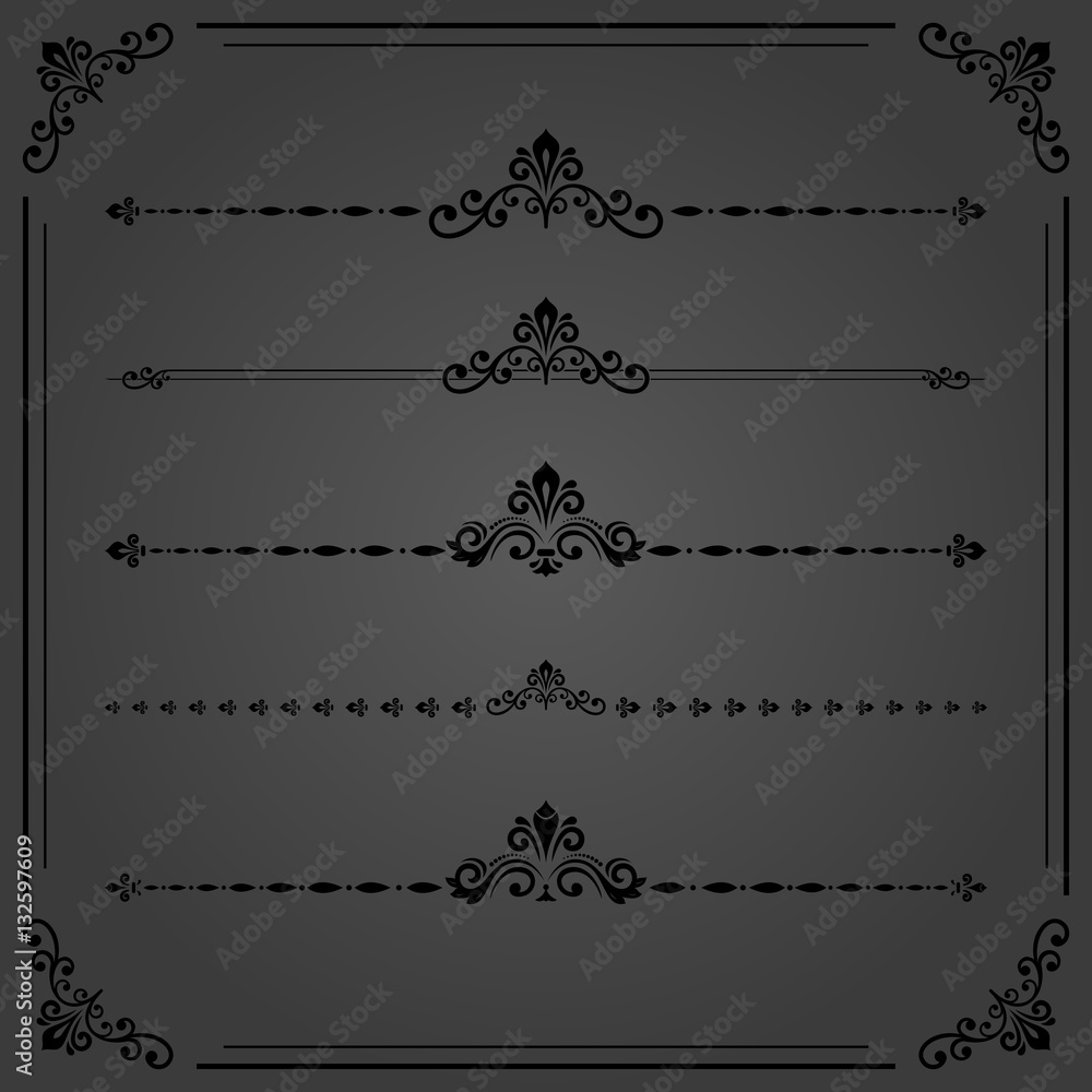 Vintage set of decorative horizontal dark elements. Horizontal separators in the frame. Collection of different ornaments. Classic patterns. Set of vintage patterns