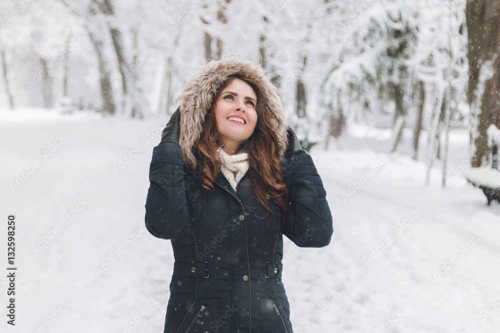 Winter portrait of a beautiful woman in the snowfall Winter portrait of a beautiful woman in the snowfall