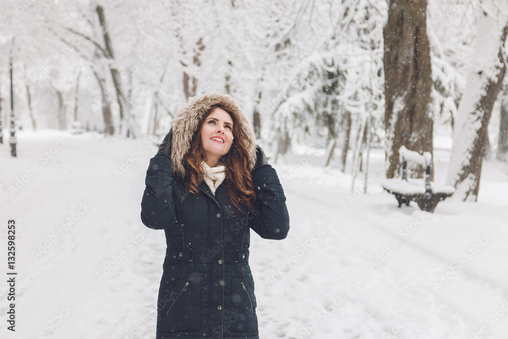 Winter portrait of a beautiful woman in the snowfall Winter portrait of a beautiful woman in the snowfall