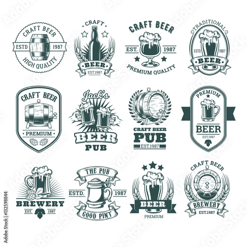 Collection of retro beer emblems, badges, stickers