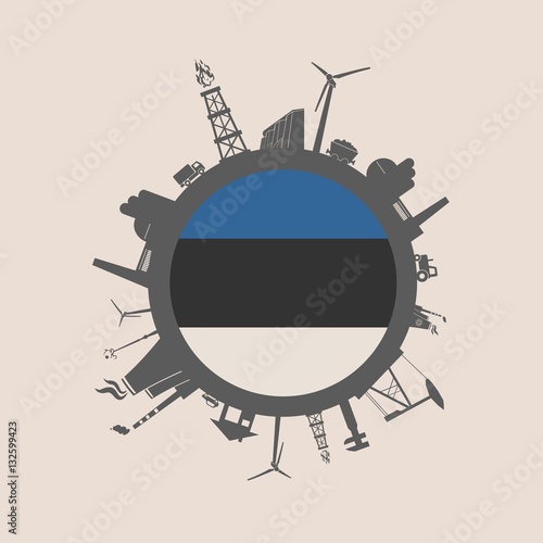 Circle with industry relative silhouettes. Vector illustration. Objects located around the circle. Industrial design background. Estonia flag in the center.