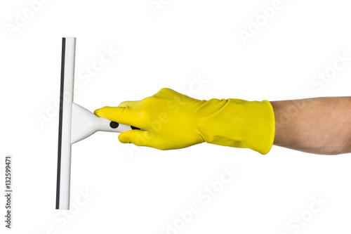 Obraz na plátně Man's or woman's hand cleaning with a squeegee on white background