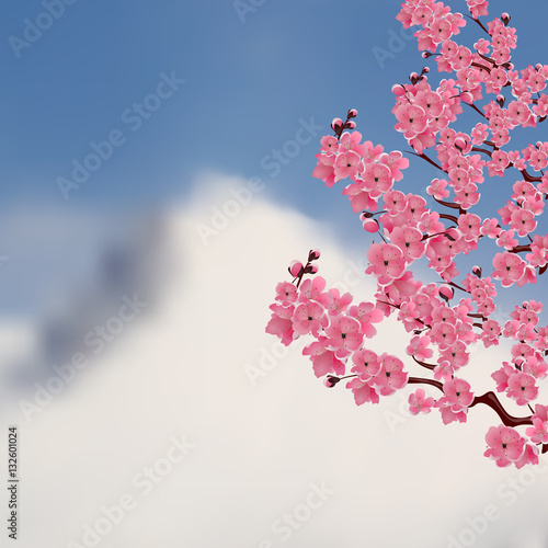 Flowering Japanese cherry. Bush sakura on a background of mountains. illustration