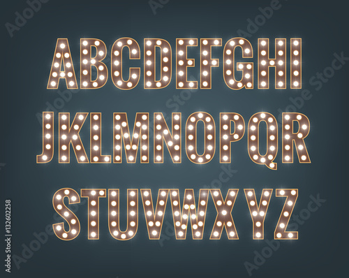 Retro font with light bulbs. Shiny letters