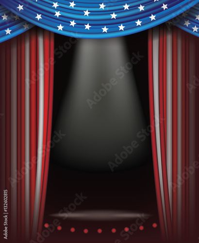 Red, white and blue starts and stripes curtains background. Spotlight and stage with copy space. American flag backdrop. EPS 10 vector.