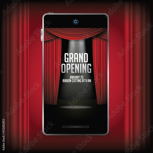 Smartphone luxurious red curtains announcement background template. Mobile application. Grand opening announcement or app. Mobile phone with open red curtains, spotlight, copy space. EPS 10 vector.