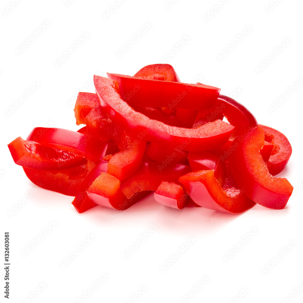 Red sweet bell pepper sliced strips isolated on white background Red sweet bell pepper sliced strips isolated on white background