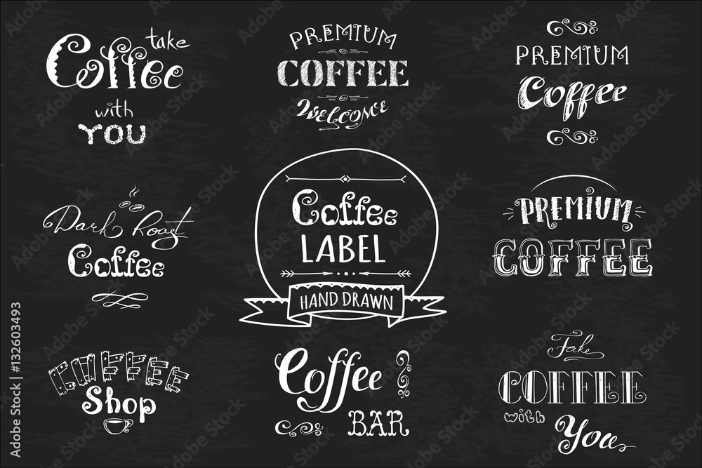 Set Coffee label,banner or typography,lettering hand drawn, Set Coffee label,banner or typography,lettering hand drawn,