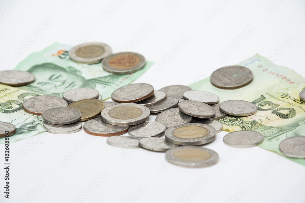 Thai bank and coin on white background Thai bank and coin on white background