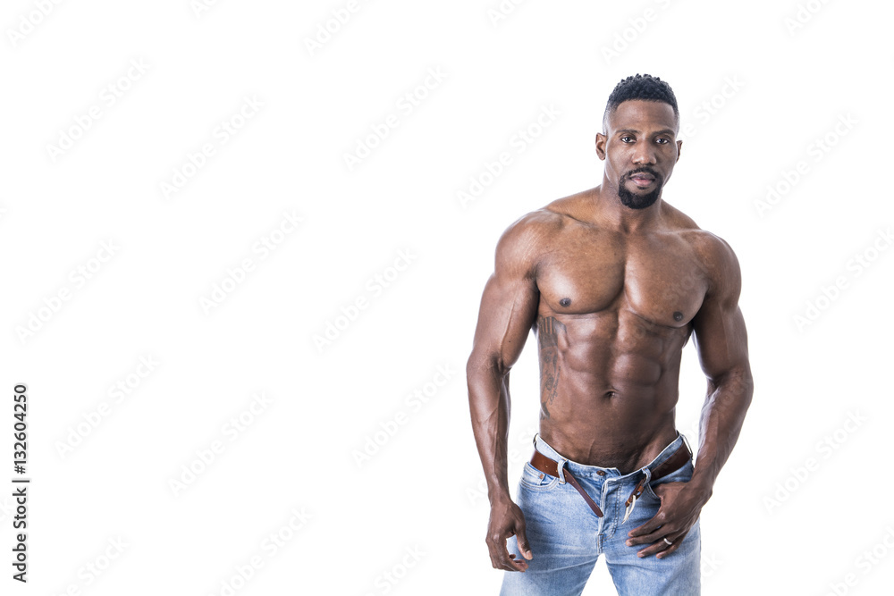 African American bodybuilder man, naked muscular torso, wearing jeans,  isolated on white background Stock Photo | Adobe Stock