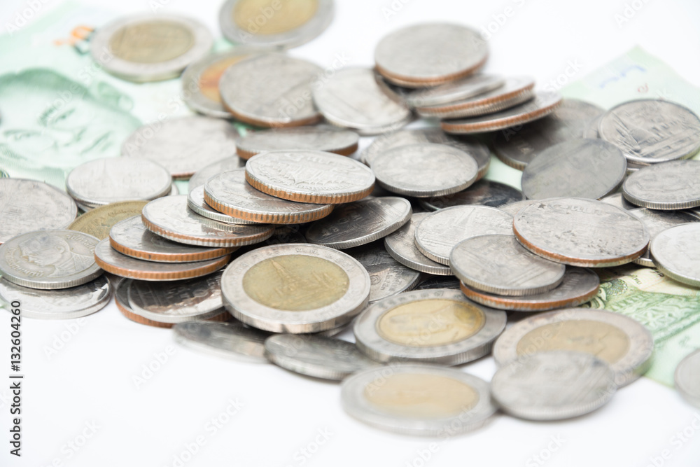Thai bank and coin on white background Thai bank and coin on white background