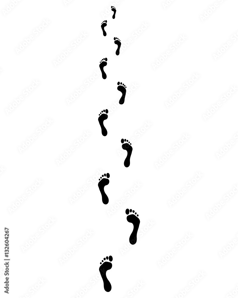 Black trail of human bare footsteps Black trail of human bare footsteps