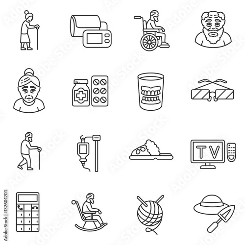 Old age icons set. Old man, thin line design. Grandparents, linear symbols collection. isolated vector illustration