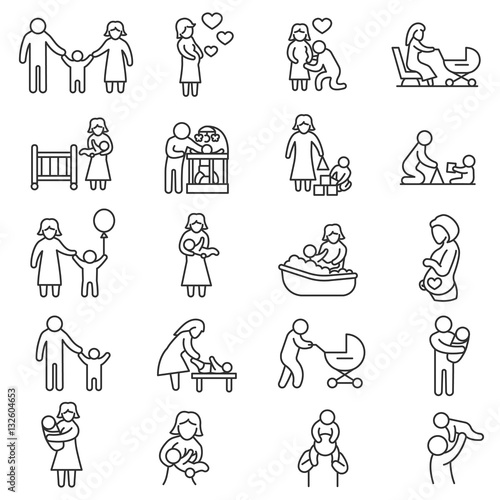 Family, icons set. Baby care, thin line design. Motherhood and fatherhood, linear symbols collection. The interaction of family members, isolated vector illustration.