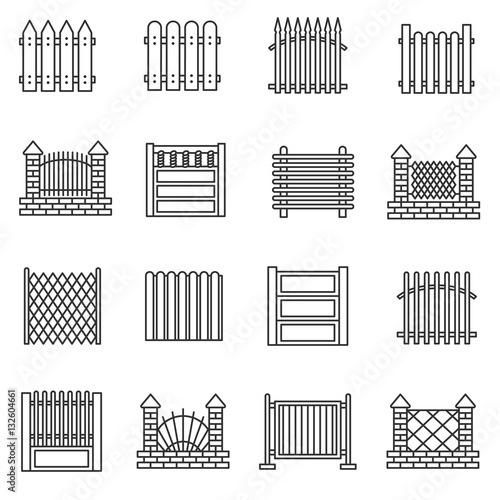 Fence icons set. The construction for the protection of the territory, thin line design. Fence made of metal, stone, brick. isolated vector illustration.