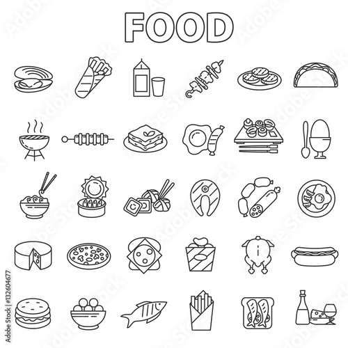 Food icons set. Various foodstuff, thin line design. Ready-made food, linear symbols collection.