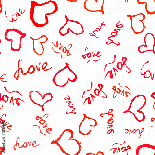 Seamless pattern with scattering of red hand drawn hearts and lettering Love on white background. Vector illustration