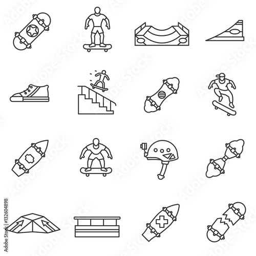 Skateboarding icons set. Skateboarder on the board, thin line design. Skate playground, linear symbols collection. Extreme sports and stunts on a skateboard, isolated vector illustration