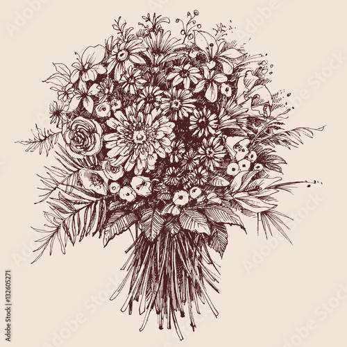 Bridal flowers bouquet, beautiful engraving style, vintage flora