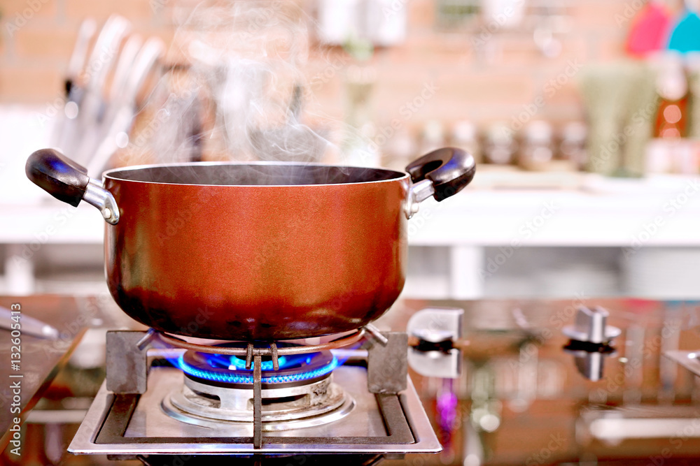closeup pot Kitchen luxury cooking and pan on the gas stove closeup pot Kitchen luxury cooking and pan on the gas stove