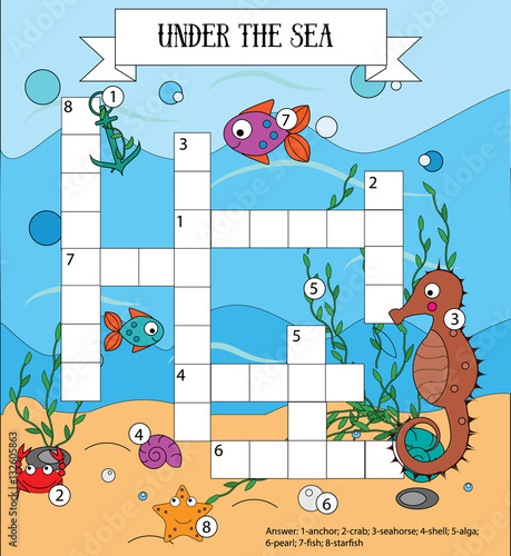 Crossword educational children game with answer. Sea, marine life and animals theme