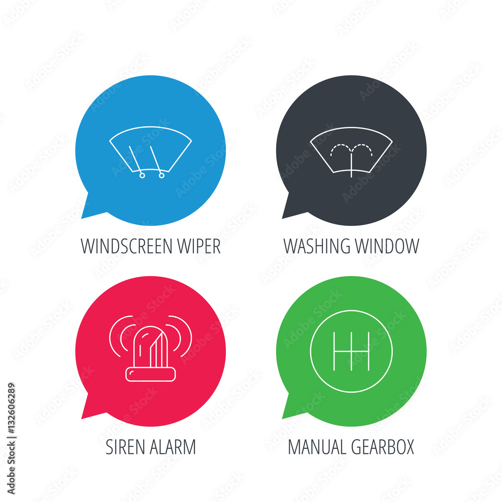 Colored speech bubbles. Manual gearbox, siren alarm and washing window icons. Windscreen wiper linear sign. Flat web buttons with linear icons. Vector