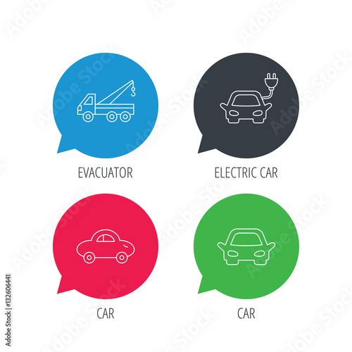 Colored speech bubbles. Electric car, evacuator and transport icons. Car linear signs. Flat web buttons with linear icons. Vector