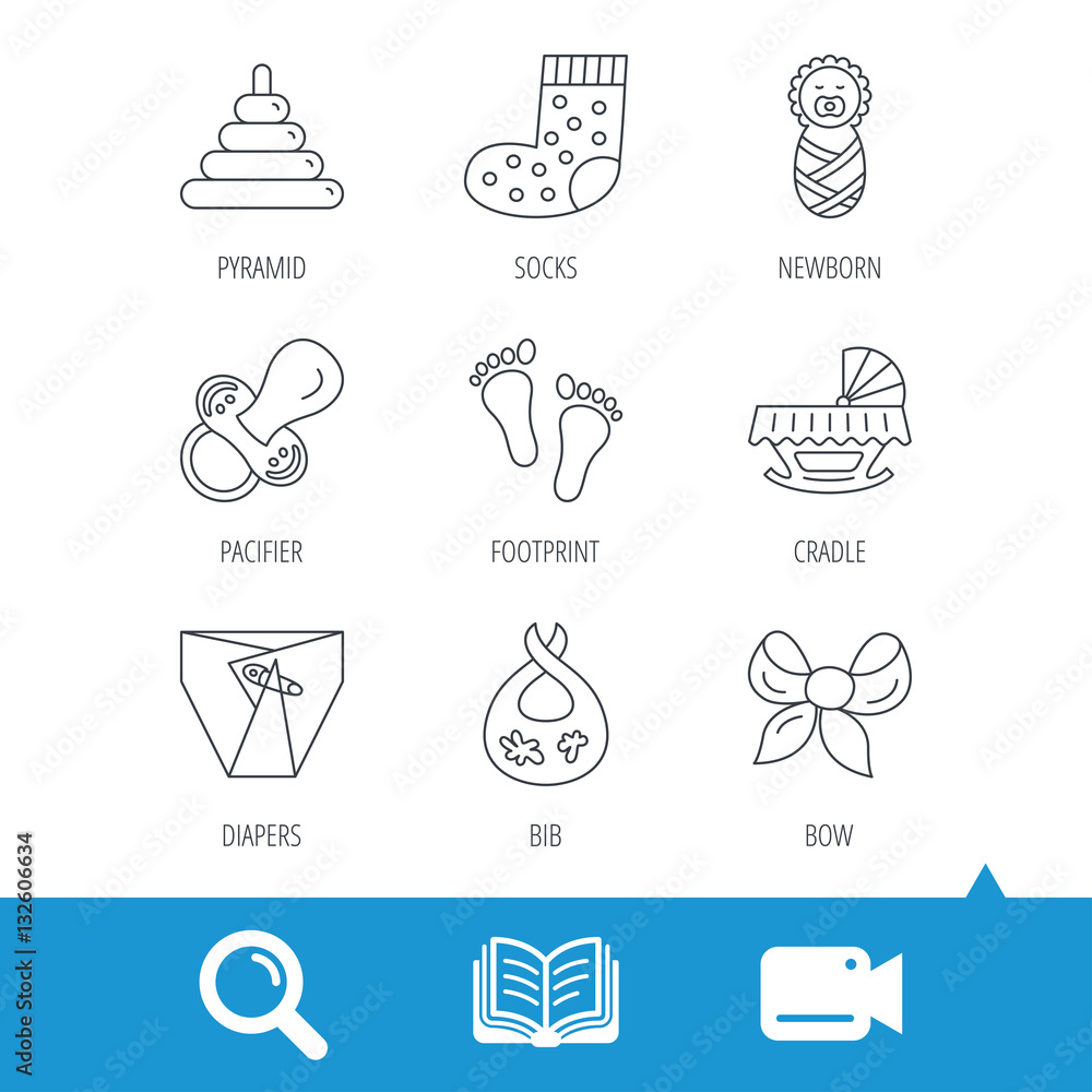Pacifier, diapers and newborn icons. Footprint, socks and dirty bib linear signs. Pyramid toy, cradle bed flat line icons. Video cam, book and magnifier search icons. Vector Pacifier, diapers and newborn icons. Footprint, socks and dirty bib linear signs. Pyramid toy, cradle bed flat line icons. Video cam, book and magnifier search icons. Vector