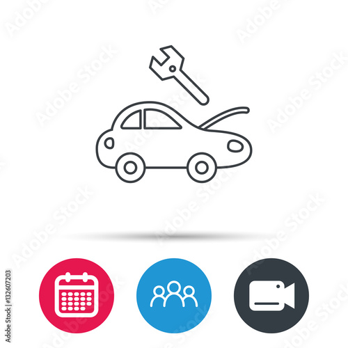 Car service icon. Transport repair with wrench key sign. Group of people  video cam and calendar icons. Vector