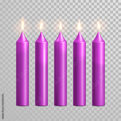 Romantic purple candle flame burning candles vector set
