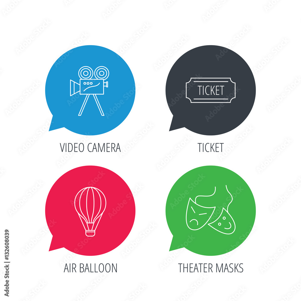 Colored speech bubbles. Video camera, ticket and theatre masks icons. Air balloon linear sign. Flat web buttons with linear icons. Vector Colored speech bubbles. Video camera, ticket and theatre masks icons. Air balloon linear sign. Flat web buttons with linear icons. Vector