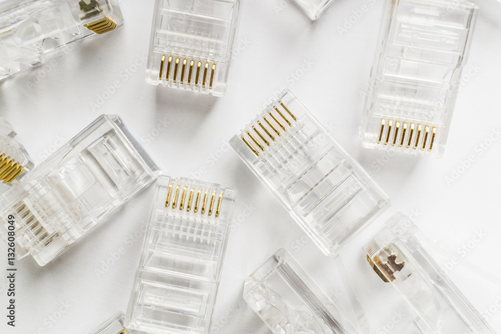 Transparent ethernet internet rj-45 connectors background on white